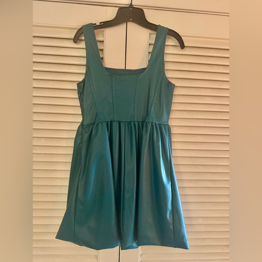 STUNNING SINCERELY JULES TEAL VEGAN LEATHER BUBBLE HEM MINI-DRESS SIZE MED MINT